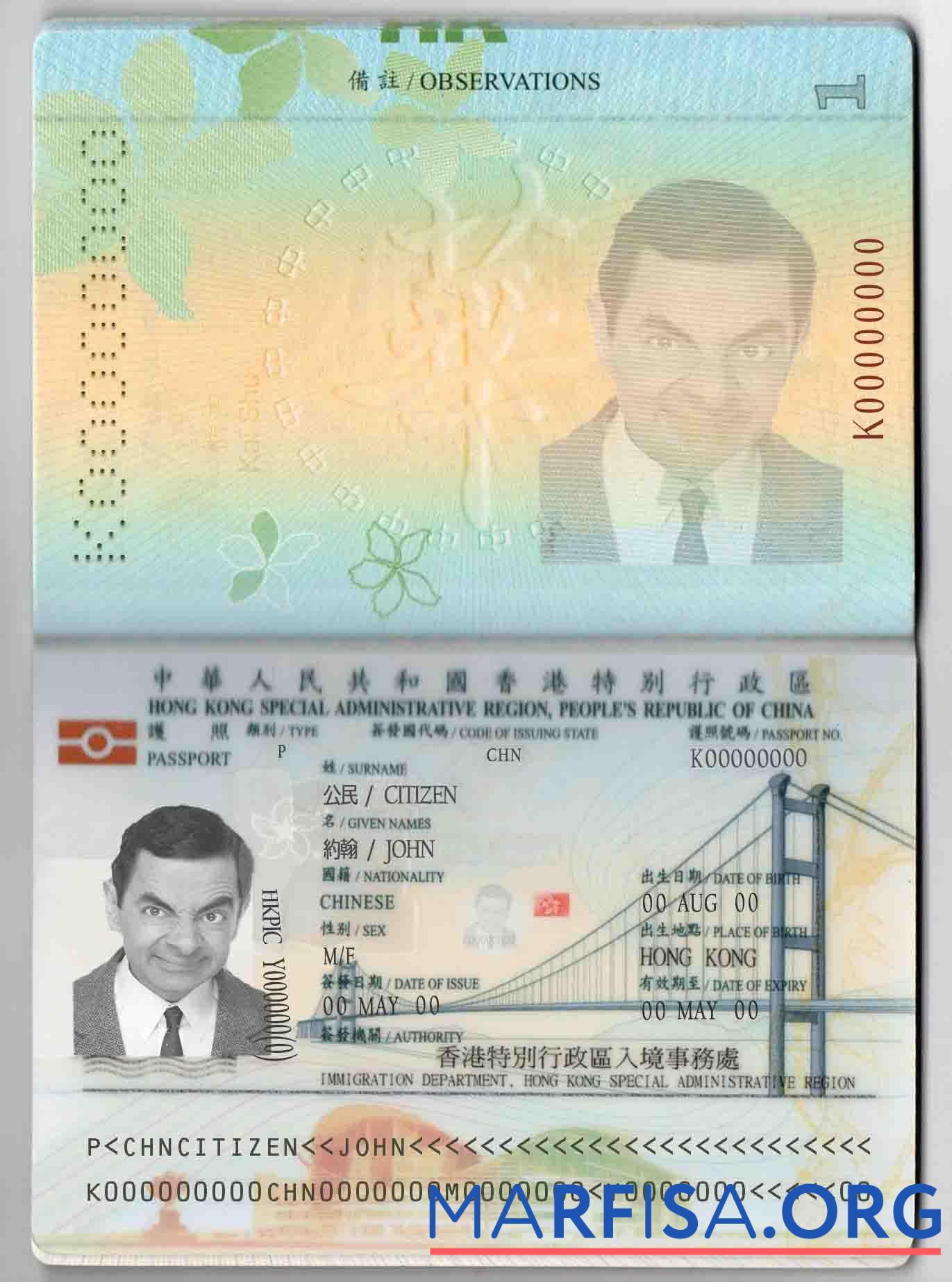 Realistic Hong Kong passport template